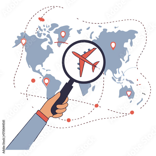 Print Hand with magnifying glass over world map highlighting airplane symbol for global travel.