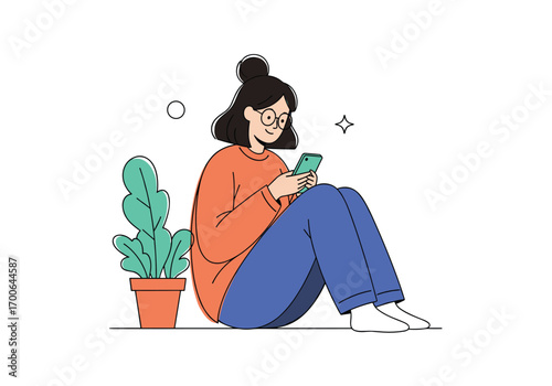 Young woman sitting relaxed using her mobile phone enjoying her free time