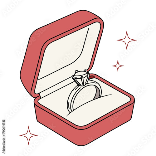 Print Red jewelry box containing diamond engagement ring with white satin interior.