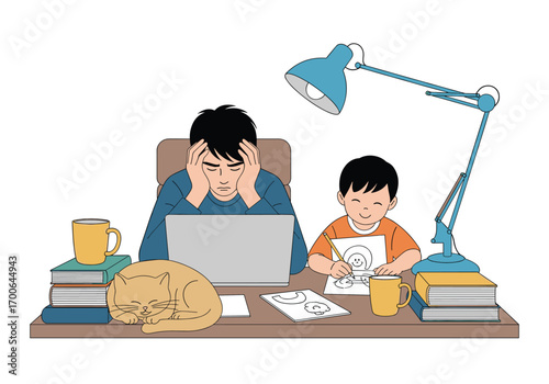 Father and son working together at a desk with a sleeping cat and lamp