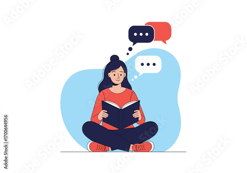 A young woman sits cross-legged reading a book with speech bubbles above her head