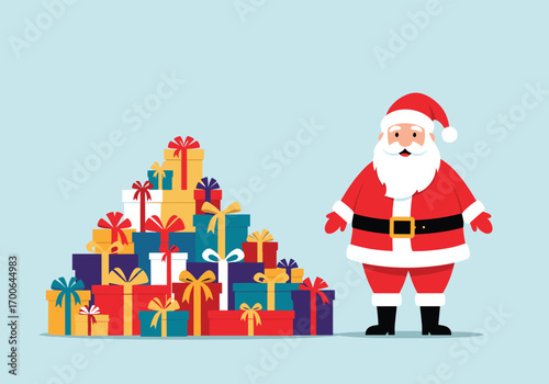 Santa claus standing beside a huge pile of wrapped christmas presents festive holiday season concept