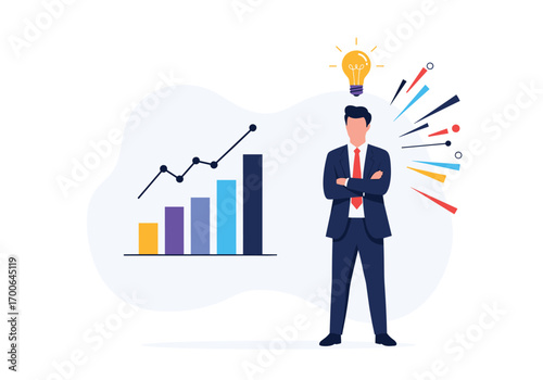 Business executive with brilliant idea standing near growth chart and innovation rays emanating