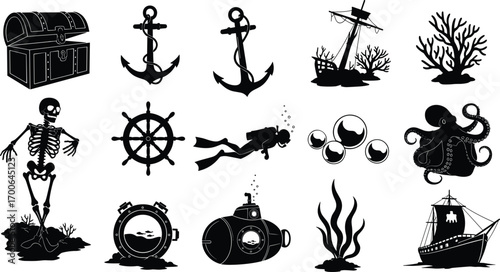 Underwater treasure, anchor, diver, shipwreck, skeleton, coral reef, submarine, bubbles, seaweed, octopus vector illustrations for marine adventure design