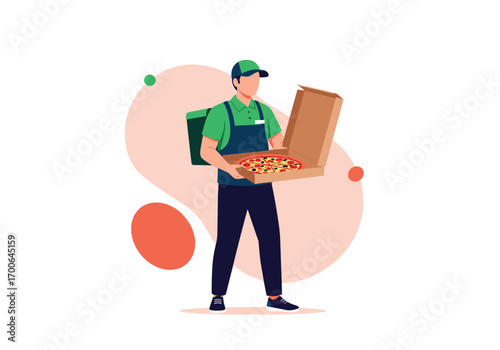 Friendly delivery person holding open box of delicious hot pizza ready for customer