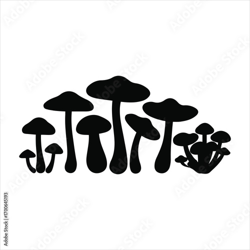 Collection of diverse black silhouette mushrooms grouped together artful organic natural elements