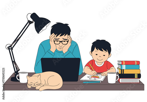 Frustrated father trying to work while son draws and cat sleeps peacefully nearby