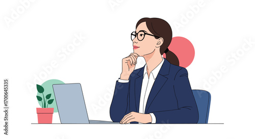 A businesswoman contemplating a strategic decision while working on her laptop
