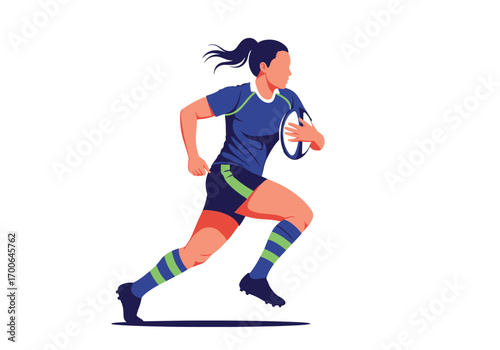 A determined female rugby player running with the ball during a match on a bright day