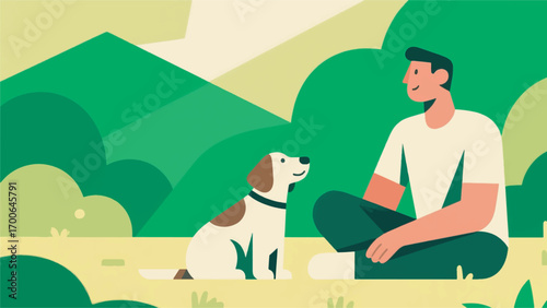 illustration of owner with dog sitting relaxing in the park vector design template