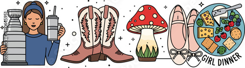 Whimsical cottagecore aesthetic sticker set featuring boots mushroom ballet flats salad vector