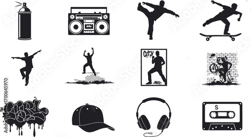 Urban street culture silhouettes, graffiti spray can, boombox, skateboarders, dancing figures, graffiti wall, baseball cap, headphones, cassette tape, hip-hop style