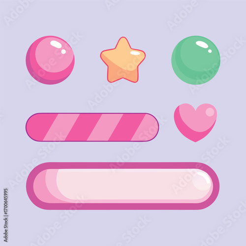 Adorable game ui elements with hearts, stars, and bubbles, ideal for creating charming games or adding a touch of whimsy to your project