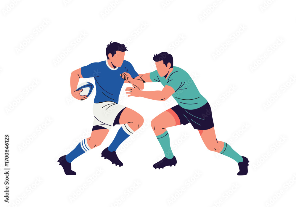 Naklejka premium Rugby players in action during a competitive sporting match engaged in a tackle