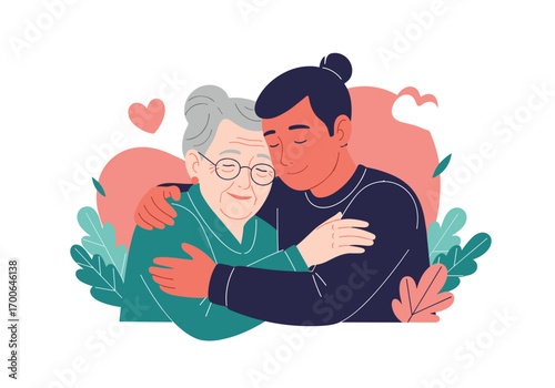 Illustrating warmth and connection between generations through caring embraces and affectionate gestures