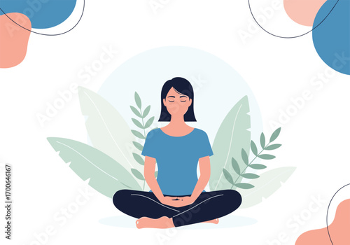 Woman meditating peacefully in nature surrounded by gentle abstract shapes and leaves