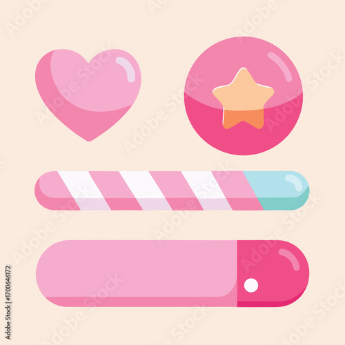 Charming game ui elements with hearts, stars, and progress bars, perfect for creating engaging games or adding a touch of fun to your project