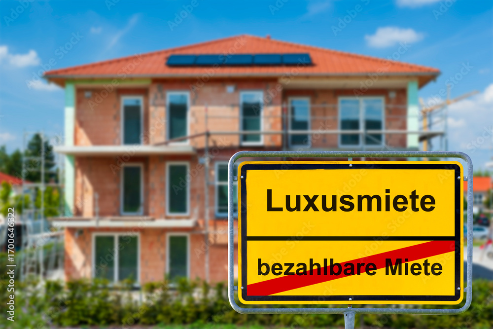 Obraz premium Vor einem modernen Mehrfamilienhaus steht ein symbolisches Schild mit der Aufschrift von der bezahlbaren Miete zur Luxusmiete - FOTOMONTAGE
