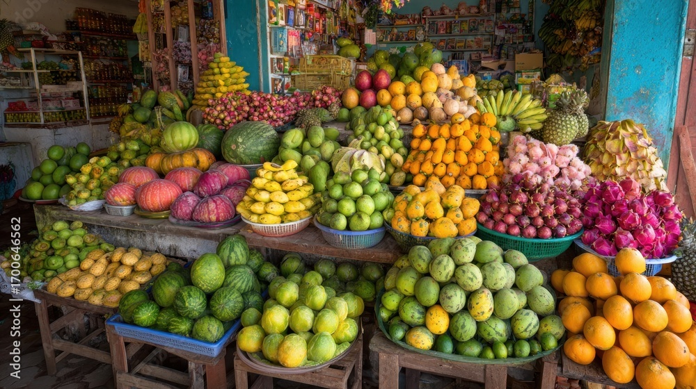 Obraz premium Colorful fruit stall overflowing with various tropical produce