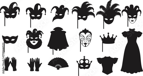 Venetian carnival mask collection, masquerade party accessories, feather masks, jester hats, elegant costumes, gloves, fans, royal crown, festive celebration