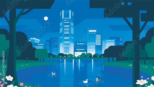 illustration of a night view of a lake with floating ducks vector design template