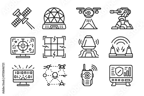 Futuristic Weapons Icons. Line style icons of futuristic weapons systems: orbital laser, shield dome generator, targeting drone,