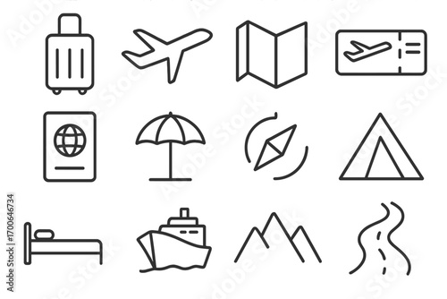 Minimal Travel Icons. Line style icons of minimal travel: suitcase icon, airplane silhouette, map with fold, boarding pass;