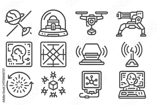 Futuristic Weapons Icons. Line style icons of futuristic weapons systems: orbital laser, shield dome generator, targeting drone,