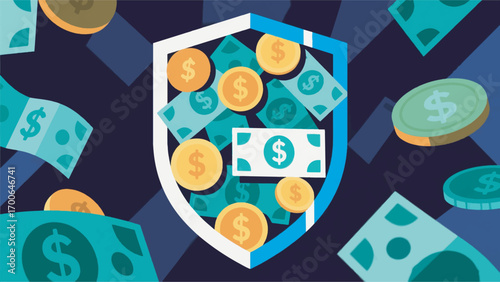 Illustration of a shield made of coins and banknotes vector design template