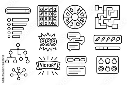 Maximal Gaming Interface Icons. Line style icons of maximal gaming: energy HUD, item-packed inventory, full-screen spell wheel,