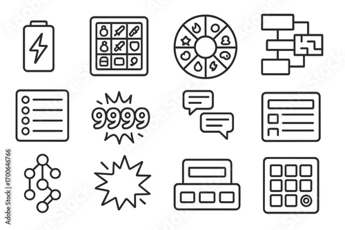 Maximal Gaming Interface Icons. Line style icons of maximal gaming: energy HUD, item-packed inventory, full-screen spell wheel,