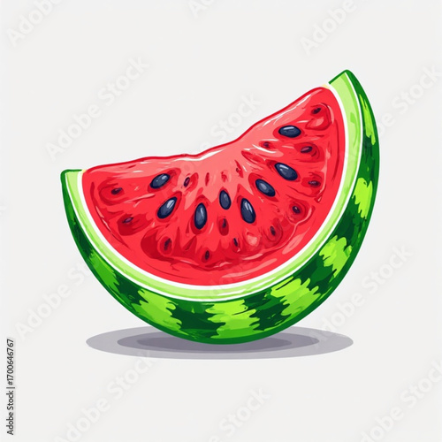A juicy slice of watermelon, vibrant red flesh, black seeds, and green rind, presented against a light background.