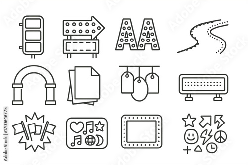 Maximalist Signage Icons. Line style icons of maximal signage: neon stack sign, blinking arrow boards, glowing festival letters,