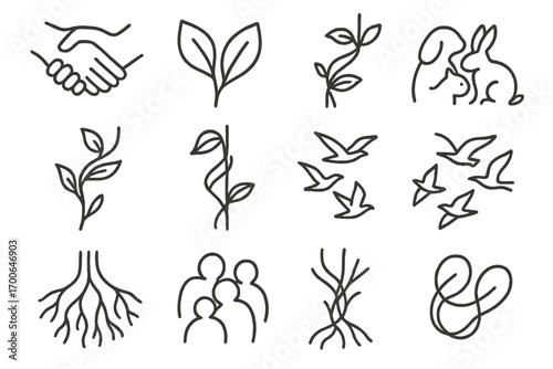 Organic Connection Icons. Line style icons of organic interaction: interlocking hands, brushing leaves, climbing vine wrap, animal