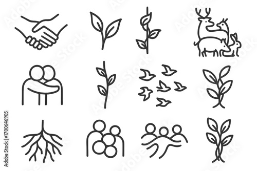 Organic Connection Icons. Line style icons of organic interaction: interlocking hands, brushing leaves, climbing vine wrap, animal