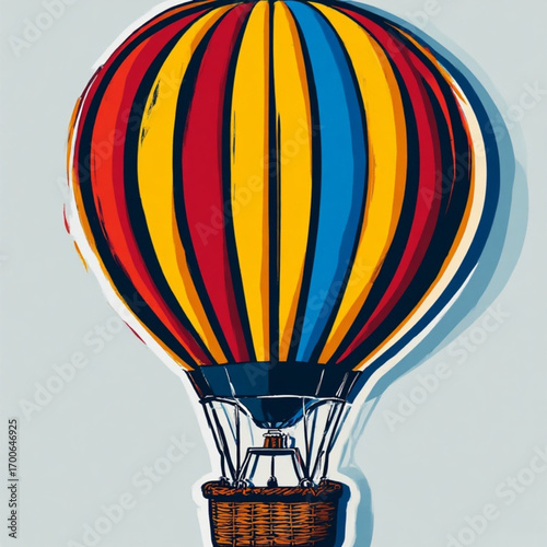 Colorful hot air balloon with vibrant stripes, floating against a light background.