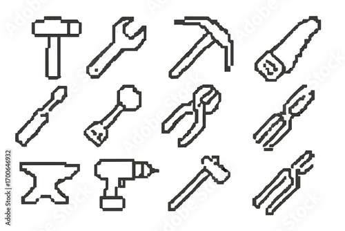 Pixel Tool Icons. Line style icons of pixel tools: pixel hammer, pixel wrench, pixel pickaxe, pixel saw; pixel screwdriver, pixel