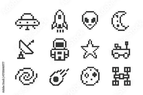 Pixel Space Icons. Line style icons of pixel space: pixel UFO, pixel rocket, pixel alien, pixel moon; pixel satellite dish, pixel
