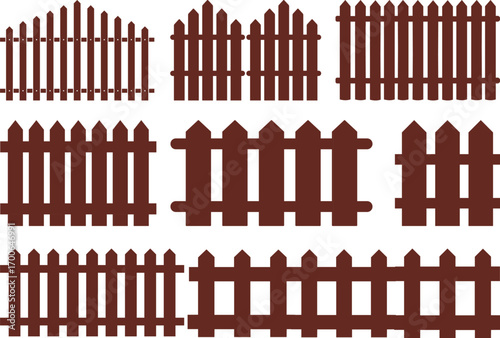 Wooden Fence Icon set. Classic Garden Fencing Symbol. Simple Wooden Fence cassic picket fence that embodies simplicity and security its clean lines and rustic charm.collection of Garden fence wooden.