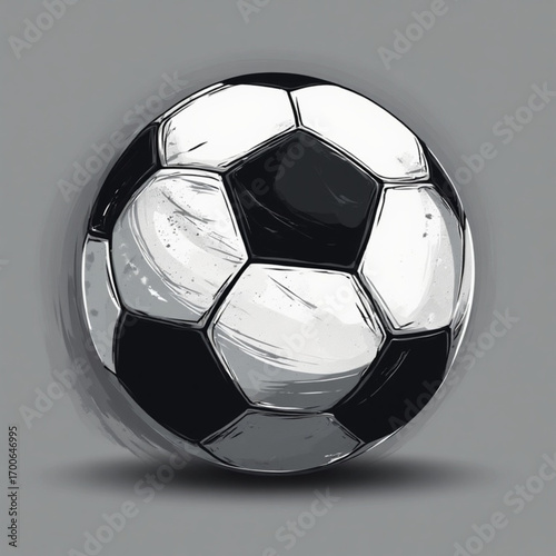 A stylized illustration of a classic black and white soccer ball, with shadow.
