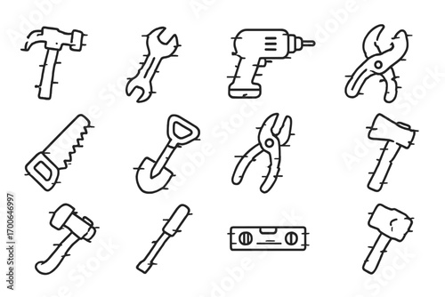 Glitch Tool Icons. Line style icons of glitch tools: broken hammer, glitch wrench, flickering drill, phased screwdriver; distorted
