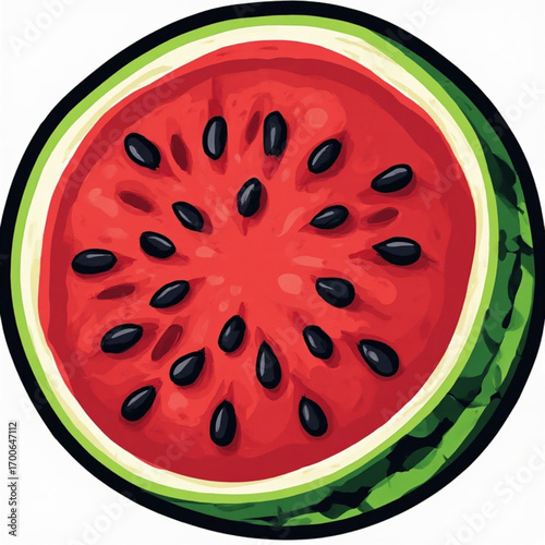 A vibrant, stylized illustration of a watermelon slice, showcasing its red flesh and black seeds.