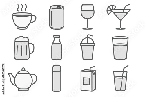 Grayscale Drink Icons. Line style icons of grayscale drinks: grayscale coffee cup, grayscale soda can, grayscale wine glass,