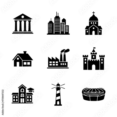 Collection of various building and structure silhouette icons
