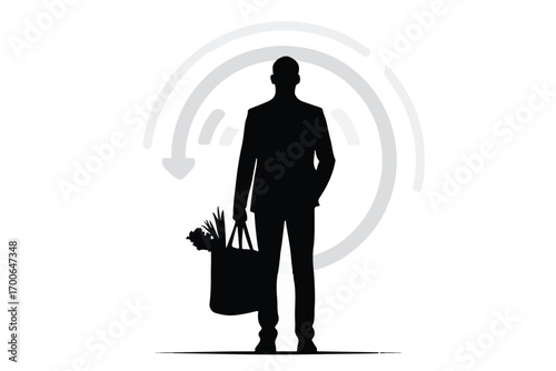 Silhouette of a man in a suit carrying a grocery bag with a circular arrow graphic on a white background