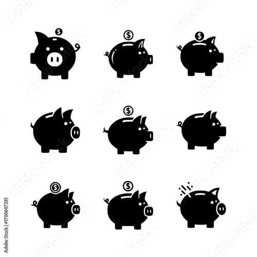 Set of Black Piggy Bank Icons for Saving Money