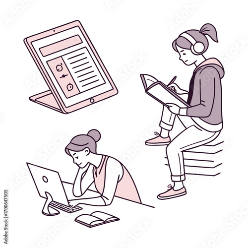 Digital Learning Set — Flat Minimal Vector Illustrations of E-Book and Tablet Study