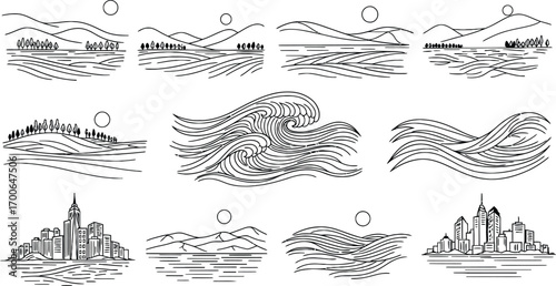 Abstract landscape cityline and nature scenes line art collection for design projects vector