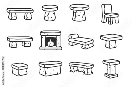 Stone Furniture Icons. Line style icons of stone furniture: stone bench, stone stool, stone table, stone chair; stone shelf, stone