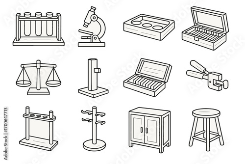 Wooden Lab Tools. Line style icons of wooden scientific tools: wooden test tube rack, wooden microscope stand, wooden beaker tray,